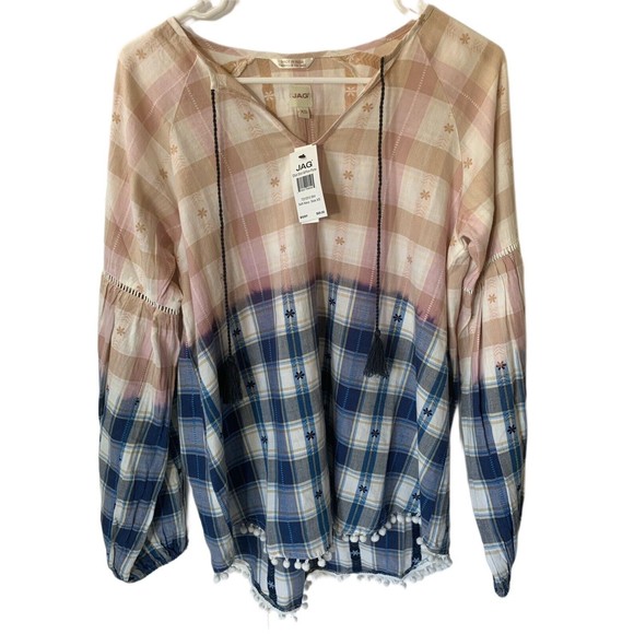 Jag Jeans Tops - JAG Jeans Women's Elliot Tassel Soft Navy/Pink Bishop Sleeves Top Size Lrg